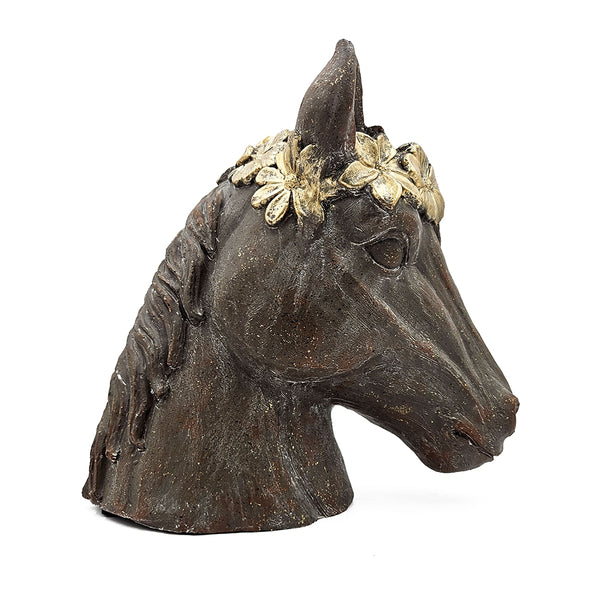English Elm 14.5x8.5x13.5" Magnesium Horse Statue Planter with Textured Brown Finish, Gold Leaf Crown, Indoor/Outdoor Durable Decor W2078P335759