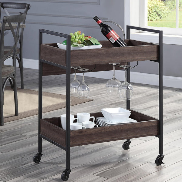 English Elm Rectangular Industrial Serving Cart with 2-Tier Walnut Shelves, Cup Holder & Dual Handles on Casters B016P316084