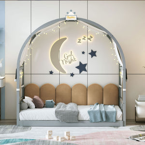 English Elm Twin Pinewood Ground-Level Canopy Bed with Arched Roof and Trundle for Kids—Whimsical, Sturdy Design Gray N820P181648E