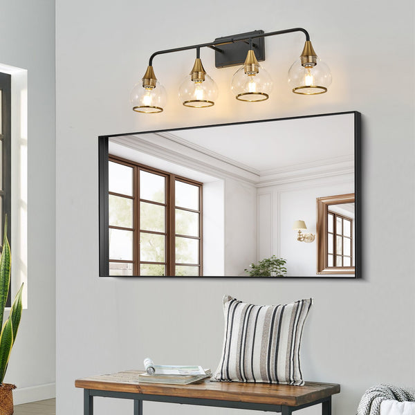 English Elm 31" Modern 4-Light Vanity Wall Sconce - Industrial Black & Gold Fixture With Clear Shades For Bright Spaces W2312P374981