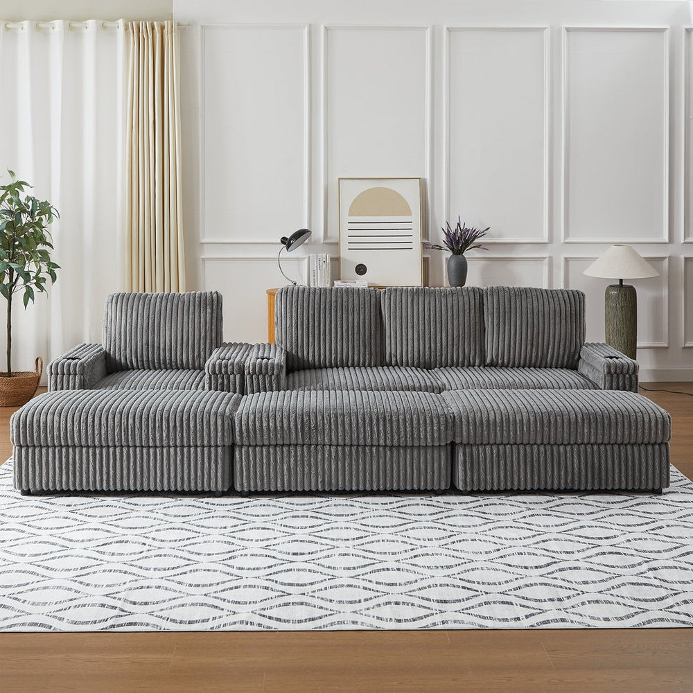 English Elm Corduroy minimalist coffee table conversion sofa set with cup grooves, recliner comfort and L-shaped layout for hosting Grey W834S00548