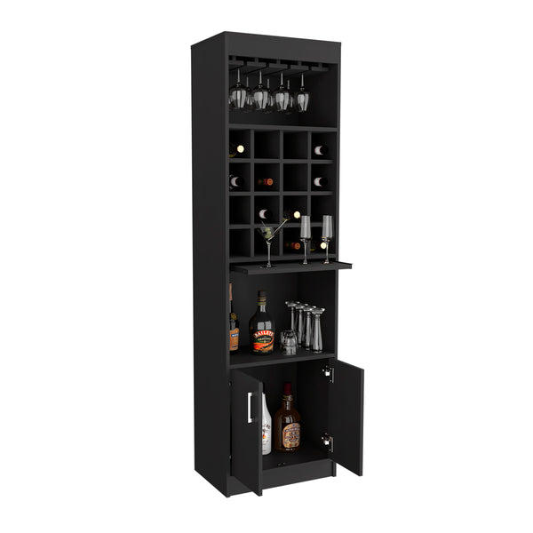English Elm Being Kava Bar Cabinet Black - Double Door Storage, Two Shelves, 16 Wine Slots, Glass Rack, Easy Assembly B200S00174