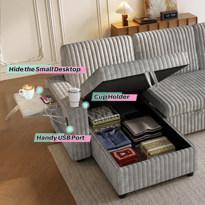 English Elm Oversized U Shaped Corduroy Sectional Sleeper Sofa with Storage Chaise and Usb Ports Grey W2564S00049
