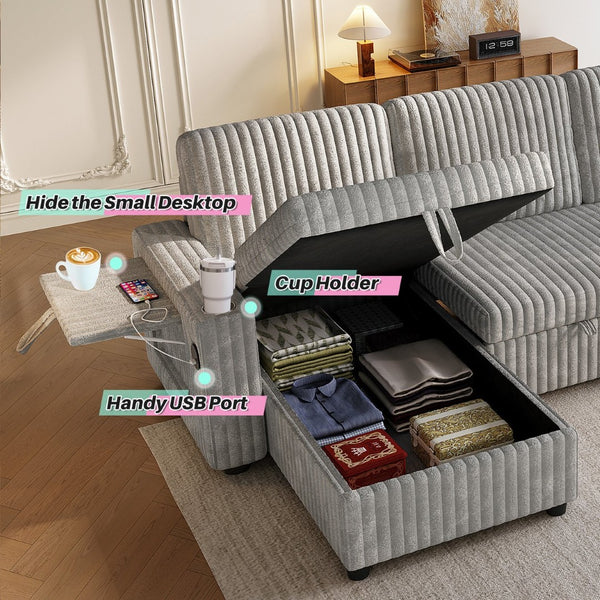 English Elm Oversized U Shaped Corduroy Sectional Sleeper Sofa with Storage Chaise and Usb Ports Grey W2564S00049