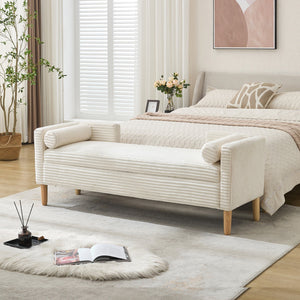 English Elm 65.35"Wide Corduroy Storage Bench with Backrest and Armrests, Solid Wood Frame, 350LB Capacity Ivory W3118P254210