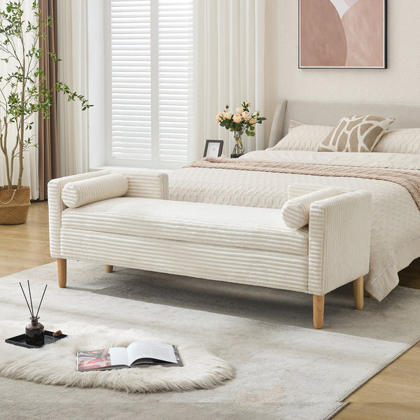 English Elm 65.35"Wide Corduroy Storage Bench with Backrest and Armrests, Solid Wood Frame, 350LB Capacity Ivory W3118P254210