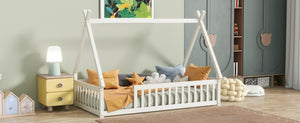 English Elm Twin Teepee Floor Bed With Guardrails - Cozy, Modern Design For Safe Independent Sleep Space W504P345776-GIGA