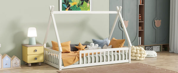 English Elm Twin Teepee Floor Bed With Guardrails - Cozy, Modern Design For Safe Independent Sleep Space W504P345776-GIGA