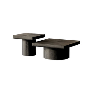 English Elm Modern Parquet Wood Nesting Coffee Tables Sculptural Fluted Pedestal Living Room Set Black W1435S00031