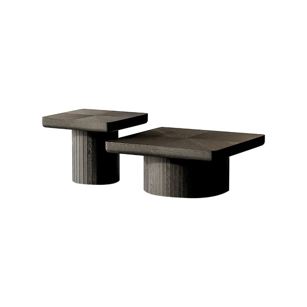 English Elm Modern Parquet Wood Nesting Coffee Tables Sculptural Fluted Pedestal Living Room Set Black W1435S00031