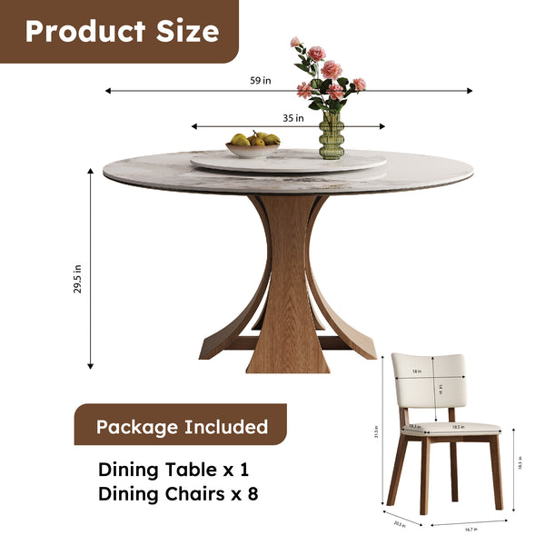 English Elm 59-Inch Modern Sintered Stone Dining Table Set With Rotating Turntable & 8 Chairs For Stylish Gatherings W509S00132