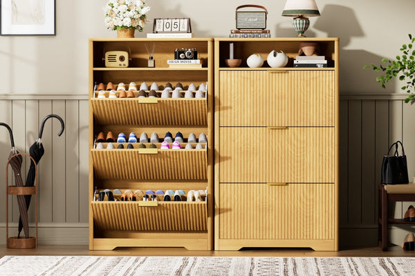 English Elm Shoe Cabinet Slim Entryway Organizer with Flip Compartments Wave Front and Gold Hardware Natural W1162P384348