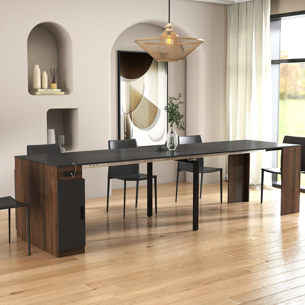 English Elm Modern Extendable Dining Table with Built-In Outlet, USB Ports & Storage, Space-Saving Console to 118" Walnut+black W331S00190
