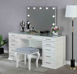 English Elm Glam Elegant Vanity Set with LED Mirror, Plush Stool, Ample Storage, Felt-Lined Drawers, Chic Finish White 41 L x 33 W x 8 H B2741S00679