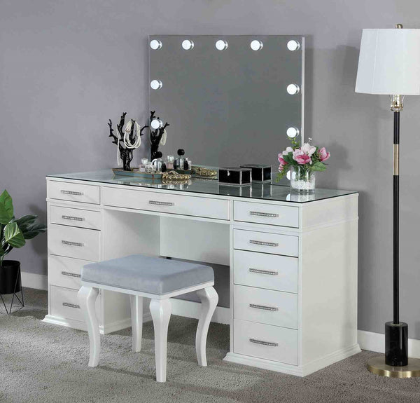 English Elm Glam Elegant Vanity Set with LED Mirror, Plush Stool, Ample Storage, Felt-Lined Drawers, Chic Finish White 41 L x 33 W x 8 H B2741S00679
