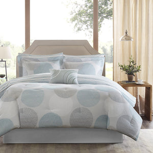 JLA Home Madison Park Essentials - 7 Madison Park Essentials Knowles comforter set with geometric aqua print, cotton sheets, OEKO-TEX protection 86 L x 68 W x 1.5H MPE10-158