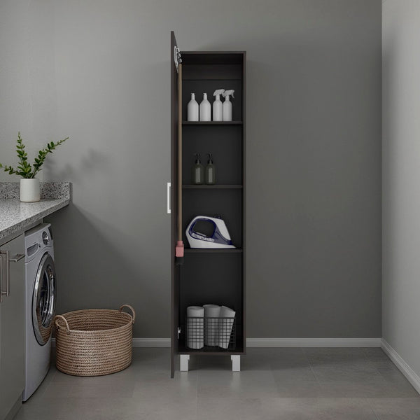 English Elm Vegas Tall Narrow Oak Tower Cabinet with Fixed Shelves for Laundry Utility Rooms Walnut Brown B128P473978