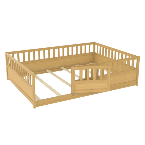 English Elm Full Full-Size Montessori Floor Bed with High Safety Fence, Clockwise Door, Pine Frame & Support Slats Natural Wood W1858P310086