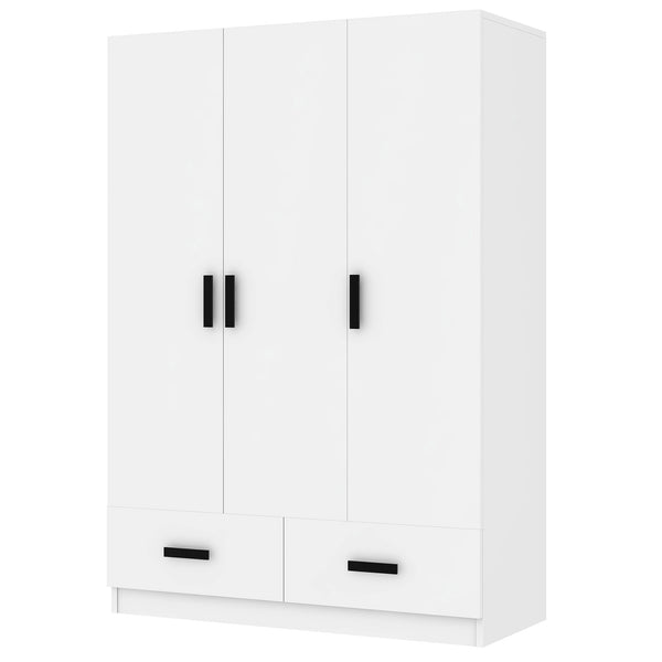 English Elm 3 Door Wardrobe Closet with Drawers, Shelves & Aluminum Rod — Durable MDF Pine, 47.2"L x 20"W x 67.7"H white GX001837AAK