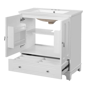 English Elm 30" Modern Bathroom Vanity with Ceramic Sink, Solid Wood Frame, Soft-Close Drawer & Adjustable Shelf White N710P293306K