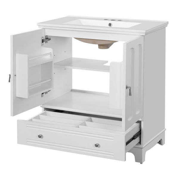 English Elm 30" Modern Bathroom Vanity with Ceramic Sink, Solid Wood Frame, Soft-Close Drawer & Adjustable Shelf White N710P293306K