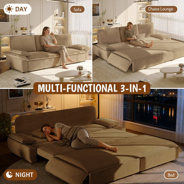 English Elm 94.5" King Convertible Sleeper Sofa Corduroy Upholstered Chaise Lounge Guest Room Bed Camel W1885S00309