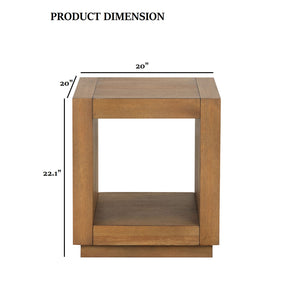 English Elm Square Contemporary End Table with Plinth Base and Open Shelf, Medium Oak Finish, 20" W x 22.1" H B2741P395381