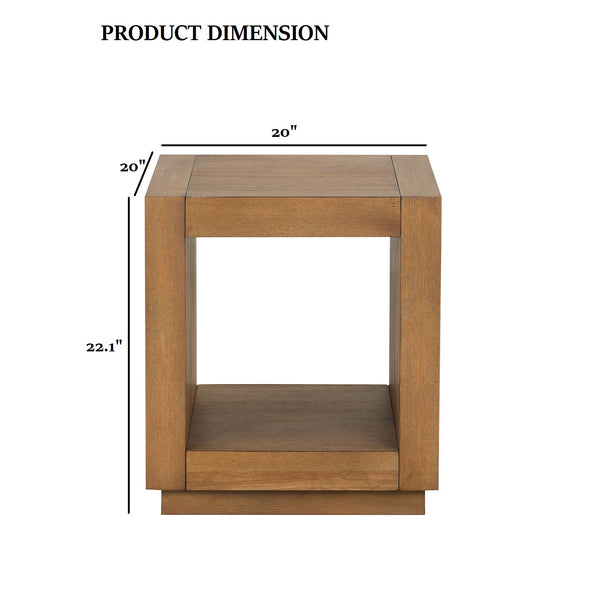 English Elm Square Contemporary End Table with Plinth Base and Open Shelf, Medium Oak Finish, 20" W x 22.1" H B2741P395381