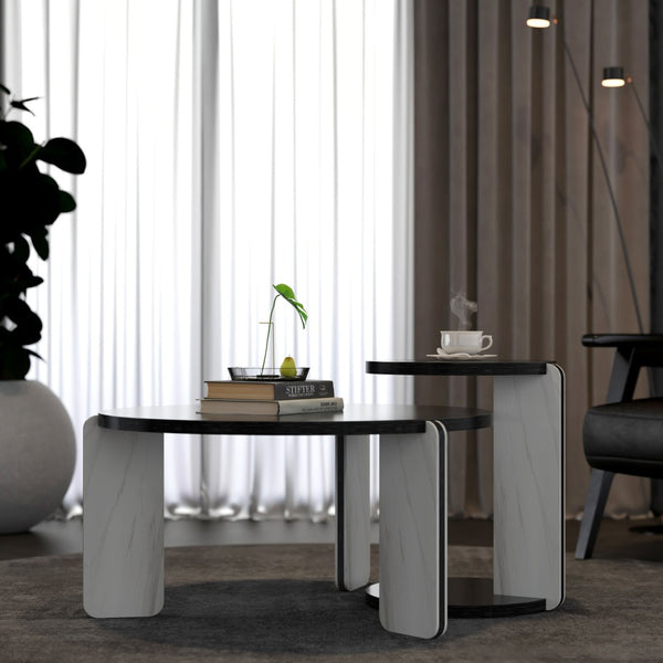 English Elm Set of 2 Round Sintered Stone Nesting Tables Sleek Modern Accent for Living Rooms W2899P405894