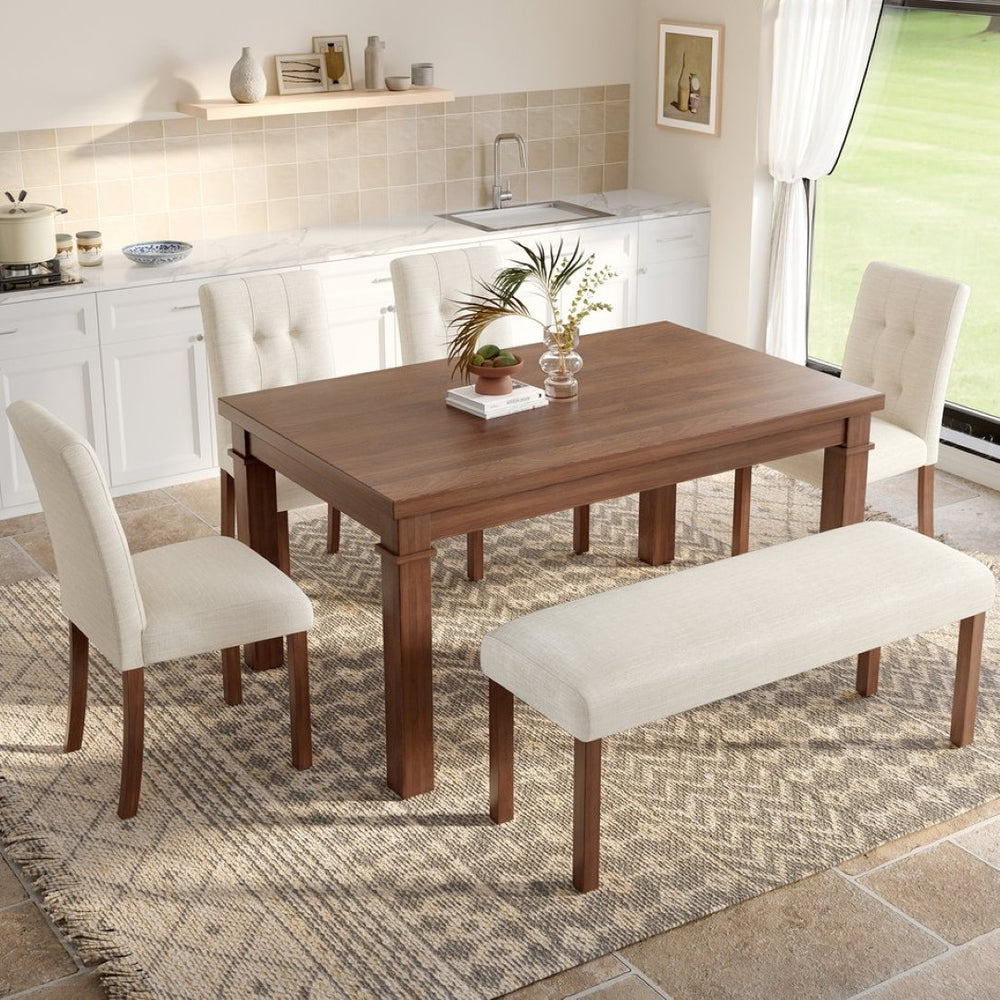 English Elm 6-piece Rectangular Dining Set with Wood Grain Table Four Upholstered Chairs and Bench Walnut N752S000012D