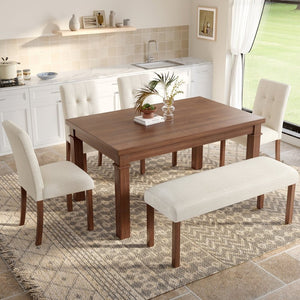 English Elm 6-piece Rectangular Dining Set with Wood Grain Table Four Upholstered Chairs and Bench Walnut N752S000012D