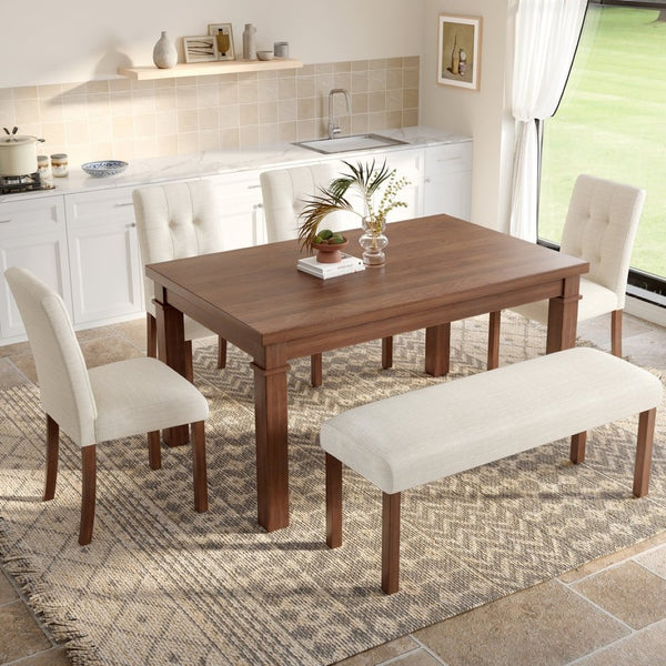 English Elm 6-piece Rectangular Dining Set with Wood Grain Table Four Upholstered Chairs and Bench Walnut N752S000012D