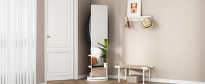 English Elm 360° Rotating Full Length Mirror with Coat Rack Solid Rubberwood White Entryway W2987P288952