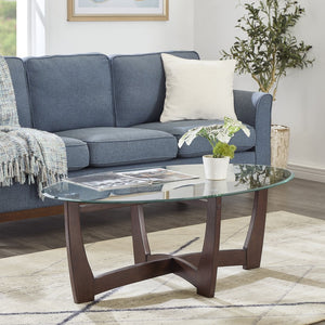 English Elm 48 Oval Glass Coffee Table with Tempered Top and Solid Wood Base, Stylish 48" Center Table for Living Rooms Cherry W487P317843