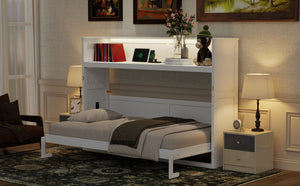 English Elm Twin XL Murphy Bed with Desk, LED Lighting and USB Charging Station — Space-Saving Solid Pine Design White N7090005001W