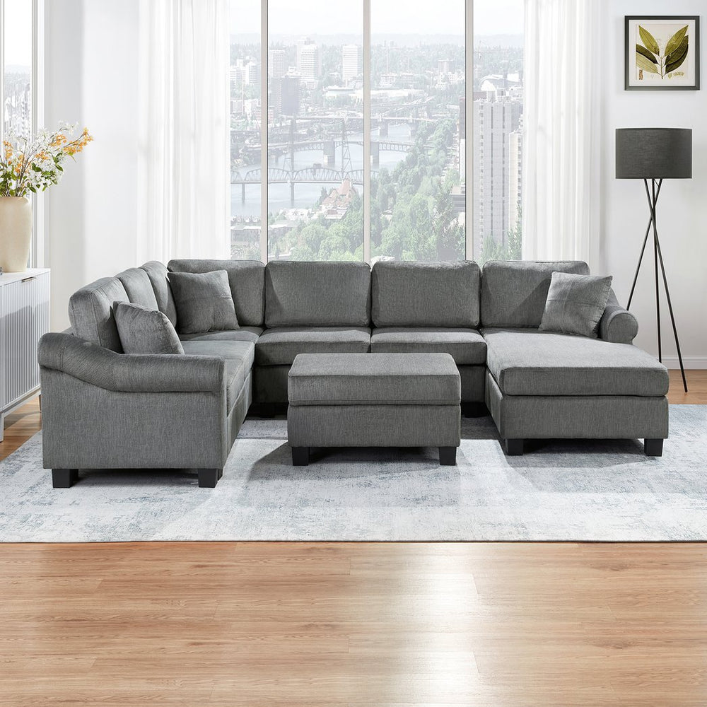 English Elm Sectional Plush chenille U-shaped sofa with pleated arms, pocket-spring seats & hidden ottoman storage Dark Gray N719S000810R