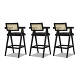 English Elm Milan 29.5" Modern Resin Webbing Back Bar Stool With Arms, Set Of 3, Ebony Black Boucle