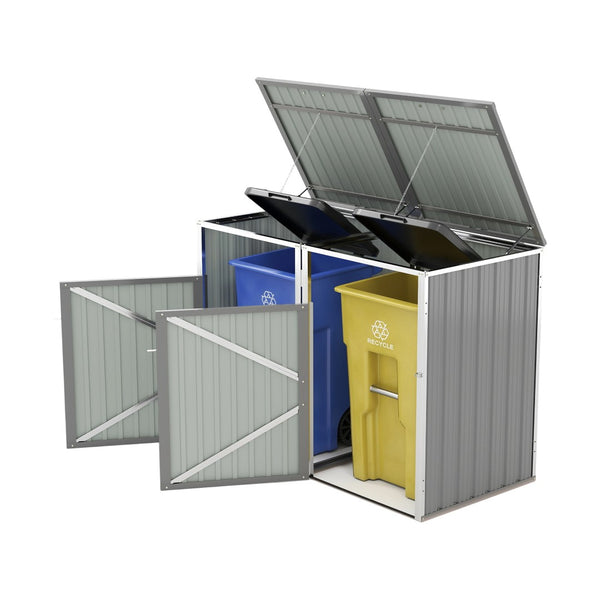 English Elm Garbage Bin Shed Galvanized Steel Enclosure for Two Cans Outdoor Weather Resistant Light Gray W1598P357715