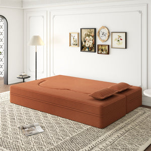 English Elm Modern Full Size Folding Sofa Bed Plush Corduroy Convertible Sleeper with 2 Pillows Foam-Filled 15" Mattress Orange W1885P369589
