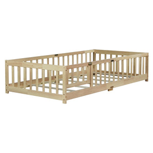 English Elm Twin Rubberwood Montessori Floor Bed with Safety Guardrails for Toddler Bedrooms W504P370521