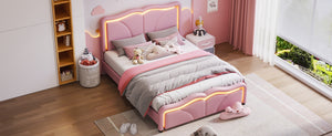 English Elm Full Full Size Upholstered Platform Bed in Pink with Curved Headboard, 3-Height Adjust, LED Strips, Sturdy Frame WF323749AAH