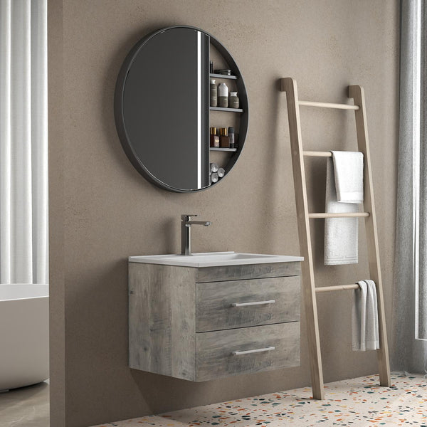 English Elm 24-Inch Modern Grey Wood Grain Wall-Mounted Bathroom Vanity With Soft-Close Drawers & Sink W3151S00014