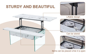 English Elm Multifunctional Lift Top Coffee Table with Tempered Glass Legs, Ergonomic Storage and Durable MDF Finish Transparent,White W2920P226076