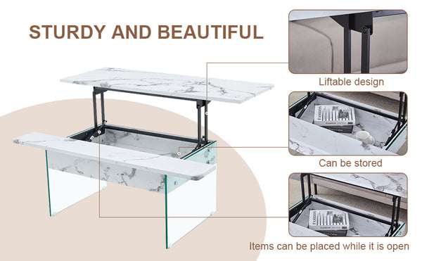 English Elm Multifunctional Lift Top Coffee Table with Tempered Glass Legs, Ergonomic Storage and Durable MDF Finish Transparent,White W2920P226076