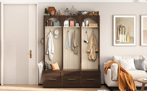 English Elm Farmhouse Hall Tree with Arched Panels Bench Drawers and Hooks for Mudroom Entryway Walnut W5271S00006