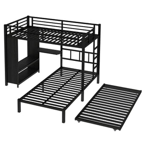 English Elm Twin Bunk Bed With Wardrobe & Trundle, Metal Frame, Foldable Desk, Noise-Reduced Design, Black Finish W1580S00135-GIGA
