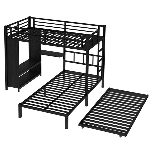 English Elm Twin Bunk Bed With Wardrobe & Trundle, Metal Frame, Foldable Desk, Noise-Reduced Design, Black Finish W1580S00135-GIGA
