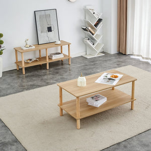English Elm Modern 2-Tier Coffee Table with Open Shelf, Solid Wood + MDF, Rounded Legs, Durable Farmhouse Style Burly Wood W3226P279107
