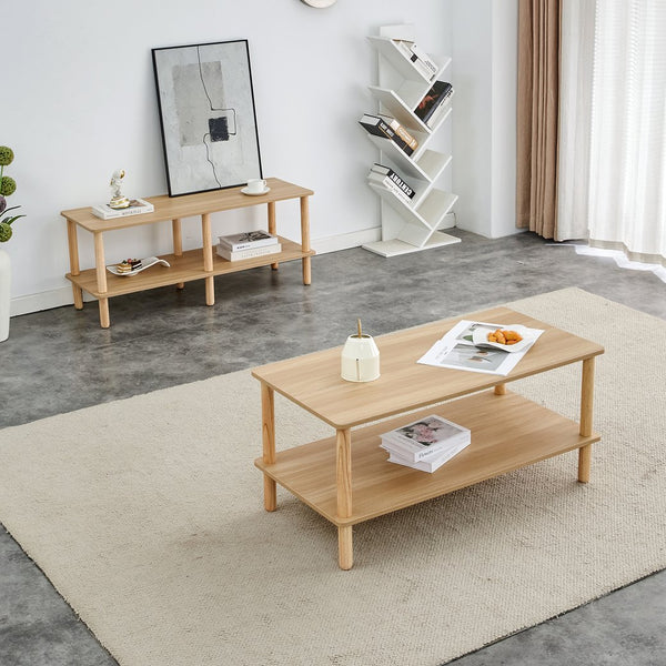 English Elm Modern 2-Tier Coffee Table with Open Shelf, Solid Wood + MDF, Rounded Legs, Durable Farmhouse Style Burly Wood W3226P279107