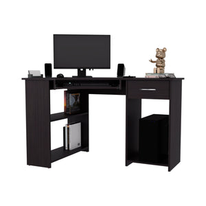 English Elm Wenge L-Shaped Computer Desk with Drawer, Shelves & Ventilated CPU Space — Modern Home Office Hub B062P389917